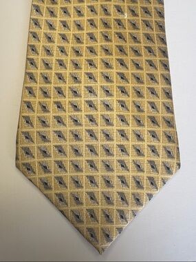 Vintage Bill Blass Yellow Geometric Silk Tie with Navy Accents